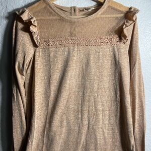 Hem & Thread Women's Peach Long Sleeve Top with Lace Detail Ruffled Shoulders